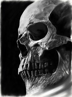 a black and white drawing of a skull