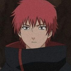 an anime character with red hair and blue eyes looking at the camera while wearing a hoodie