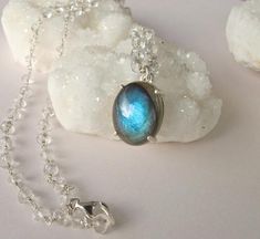 Oval Blue Cabochon Labradorite Bead Necklace- Handmade Iridescent Gemstone Prong Necklace- Jewelry G Iridescent Gemstone, Statement Drop Earrings, Labradorite Beads, For Her Gifts, March Birth Stone, Green And Blue, Necklace Handmade, White Topaz, Bead Necklace