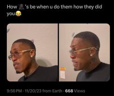 two pictures of a man with glasses on and one has an earring in front of him