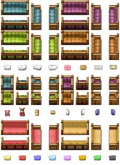 an image of different types of furniture in pixel art style, including couches and tables