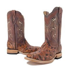 These handmade men's boots featuring handtooled leather and a square toe offer a classic western style. The Bulldog Hand Tooled Boots- Brown Bitone are a stylish and durable addition to any wardrobe. The vamp, heel and pull straps are hand tooled. Authentic Cowhide Leather Cow Leather Shaft Stitched sole Hand Tooled Western Boots For Ranch, Western Moto Boots For Western-themed Events, Western Brown Work Boots With Goodyear Welt, Brown Western Work Boots With Goodyear Welt, Brown Western Work Boots Goodyear Welted, Western Goodyear Welted Moto Boots For Rodeo, Western Square Toe Boots For Western-themed Events, Western-style Square Toe Boots For Western-themed Events, Western Goodyear Welted Boots With Square Toe