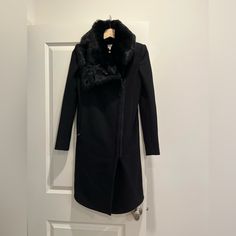 Beautifully Crafted And Fitted Coat Fur Trimmed Leather Facing Inside Wear It Zipped Up For Ultimate Warmth Or Open With Drape Detail Slim Arms Zip Pockets Lined W Cotton Excellent Condition Elegant Black Outerwear With Asymmetrical Zip, Fur Trim Coat, Coat Fur, Fitted Coat, Helmut Lang, Fur Trim, Zip Pockets, Zip Ups, Jackets & Coats