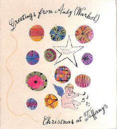 a christmas card with an angel surrounded by different colored circles and stars in the center