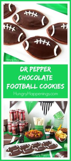 chocolate football cookies with the words dr pepper's chocolate football cookies on top and other snacks