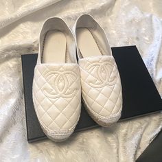 Chanel Biarritz Cc Logo Quilted All White Espadrilles, Wear It Once! Run A Bit Big On Me. Comes With Box, Dust Bag. Got It From Nordstrom Trendy White Espadrilles With Woven Sole, Trendy White Slip-on Espadrilles, Luxury Espadrilles With Textured Sole And Round Toe, Designer Platform Espadrilles With Round Toe, Designer Closed Toe Espadrilles With Branded Insole, Designer White Espadrilles With Round Toe, Elegant White Round Toe Espadrilles, White Leather Espadrilles, White Elegant Espadrilles With Round Toe