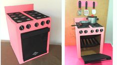 two pictures of a pink toy stove with utensils on it