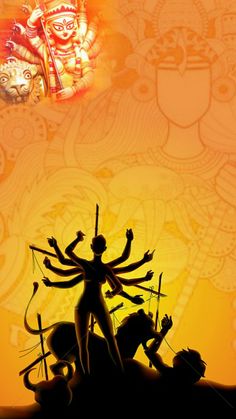 the silhouette of a person with arms outstretched in front of an image of hindu deities