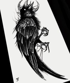 a drawing of a black bird with horns on it's head