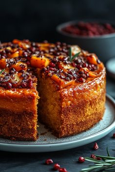 a cake on a plate with one slice cut out