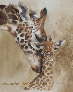 a painting of two giraffes with their heads touching each other's necks