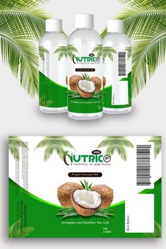 two bottles of coconut oil next to each other on a white background with palm leaves