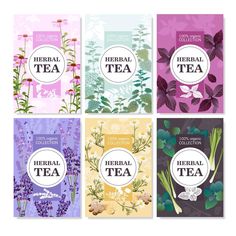 four different types of tea bags with flowers and herbs on them, all in pastel colors