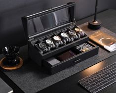 .Introducing Our Custom Watch Box for Men: Enhance your timepiece and accessory organization with our Custom Watch Box for Men. This 6-slot leather case with a single drawer offers a sophisticated solution for storing watches, sunglasses, and other essentials. Personalized gifts for men are made even more special with engraving options available, making it an ideal groomsman gift or best man gift for any occasion. ▷ CUSTOMIZED DESIGN: Make a statement with our custom watch box, featuring a sleek Watch Collection Display, Storing Sunglasses, Watch Box For Men, Leather Watch Case, Watch Display Case, Mens Watch Box, Custom Shadow Box, Dresser Top, Watch Storage