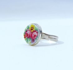 Handcrafted Broken China Ring, Vintage Czech Plate, Roses and Pansies, Sterling Silver, Sweet and Dainty - Etsy Adjustable Rose Design Flower Ring As Gift, Adjustable Roses Flower Ring Gift, Adjustable Rose Flower Ring Gift, Round Rose Design Flower Ring Gift, Round Flower Ring With Rose Design For Gift, Round Flower Ring With Rose Design, Adjustable Rose Flower Ring, Vintage Flower Shaped Rings For Gift, Vintage Cabochon Rings For Gifts