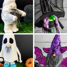 four different halloween crafts with pumpkins and witches