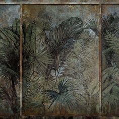 an image of some plants that are on the wall with rusted metal panels behind it