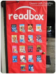 a red door with the words readbox written on it and pictures of children's books