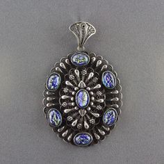 Vintage Very Large Silver Filigree Foiled Marbled Blue Art Glass Pendant Collectible Iridescent Cabochon Jewelry, Unique Blue Etched Jewelry, Unique Etched Blue Jewelry, Jelly Opal, Flower Shapes, Dragons Breath, Iridescent Blue, Foil Art, Blue Tourmaline