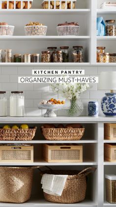 the kitchen pantry is organized with baskets, containers and other things to use for storage