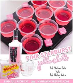 pink starburst gelatos are arranged on a black tray and in plastic cups