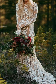 Long Sleeve Nude Boho Wedding Dresses Sheath Lace Bohemian Bridal Gown – Viniodress