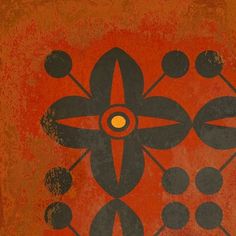 an orange and black painting with circles on it