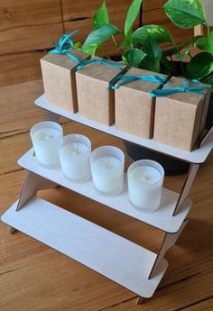 some candles are sitting on a shelf with small boxes and green plants in the background