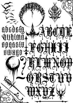 an old fashioned gothic font with spooky letters and bats on the bottom half of it