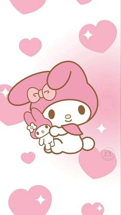 hello kitty holding a teddy bear in the air with hearts all around her and pink hair