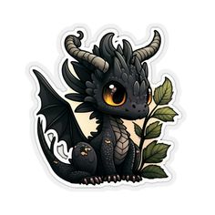 a sticker with an image of a black dragon sitting on top of a leafy branch