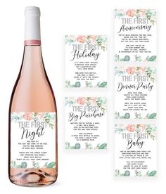 wine bottle labels with flowers and leaves on them for the first day of wedding party