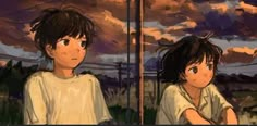 two anime characters staring at each other in front of a cloudy sky with trees and telephone poles