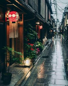 an alley way with lights and plants on the side walk, in the middle of town