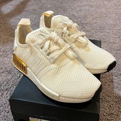 Brand New In The Box. Authentic Item. Sporty Gold Sneakers With Perforations, Gold Sports Sneakers With Laces, Gold Low-top Sneakers With Perforations, Gold Sporty Running Sneakers, Gold Low-top Running Sneakers, Adidas Nmd R1 Women, Adidas Nmd R1, Nmd R1, Adidas Nmd