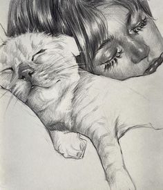 a pencil drawing of a girl sleeping next to a cat