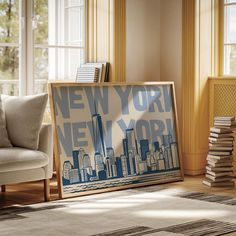 the new york skyline is displayed in front of a couch and window with books on it