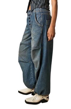 Fall for the slouchy silhouette of these button-fly nonstretch-denim jeans designed with billowed legs and bubbled hems. 28 1/2" inseam; 20 1/2" leg opening; 13 1/2" front rise; 16" back rise (size Medium) 100% cotton Machine wash, tumble dry Made in Turkey Baggy Denim Jeans With Buttons, Baggy Medium Wash Bottoms With Button Closure, Baggy Denim Blue Bottoms With Button Closure, Relaxed Fit Wide Leg Jeans With Buttons, Denim Bottoms With Buttons For Streetwear, Baggy Wide Leg Jeans With Button Closure, Wed Leg, Vintage Indigo, Designer Jeans