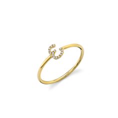 14k yellow gold and diamond small initial ring. Fine 14k gold band. The initial measures approximately 1/4". Available ring sizes are 6 to 7, please contact us if you need a different size.