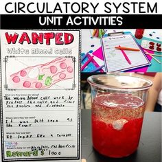 a jar filled with liquid next to a sign that says, unit activities for the circulator system