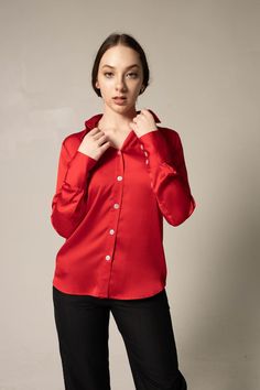 Women Silk Shirt, Uniform Inspiration, Red Silk Shirt, College Graduate, Satin Long Sleeve, Chic Blouses, Satin Blouses, Luxury Silk, Trendy Tee