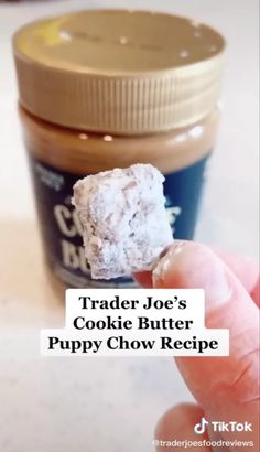 trader joe's cookie butter puppy chow recipe is shown in front of a jar