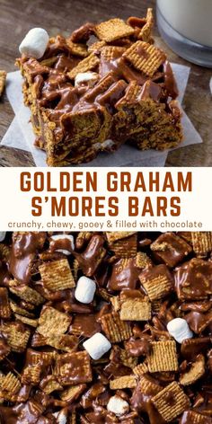 golden graham s'mores bars with chocolate and marshmallows on top