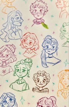 the drawing shows many different faces and hair styles, as well as stars on white paper