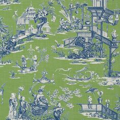 T75467 Cheng Toile Green Blue Wallpaper Toile Design, Thibaut Wallpaper, Japanese Pagoda, Bathroom Toilet Paper Holders, Toile Wallpaper, Toile Pattern, Downstairs Toilet, Toile Fabric, Shabby Chic Bathroom