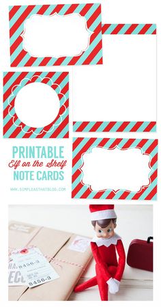 printable elf on the shelf note cards with an elf's hat and striped background