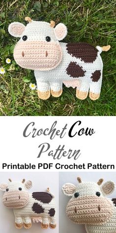 the crochet cow pattern is shown in three different pictures