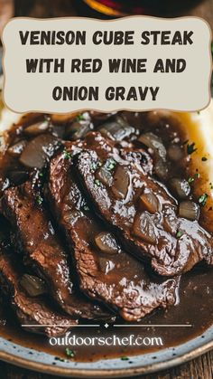 steak with red wine and onion gravy on a plate