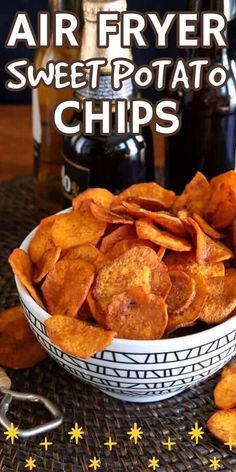 air fryer sweet potato chips in a white bowl on a wicker place mat