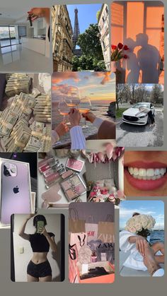 a collage of photos with different people and things in the middle one has a cell phone